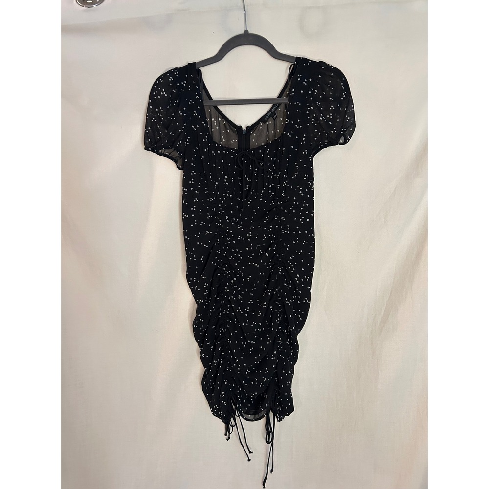 Cotton Candy LA Kiera Dress Black Polka Dot Ruched Mini Puff Sleeve Small NWT
